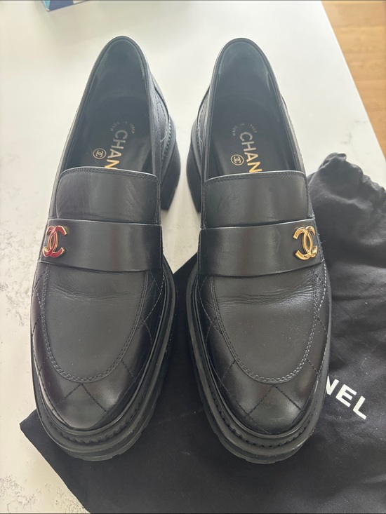CHANEL Shoes - CHANEL Black Leather Loafers with Twin CC Metal Accents